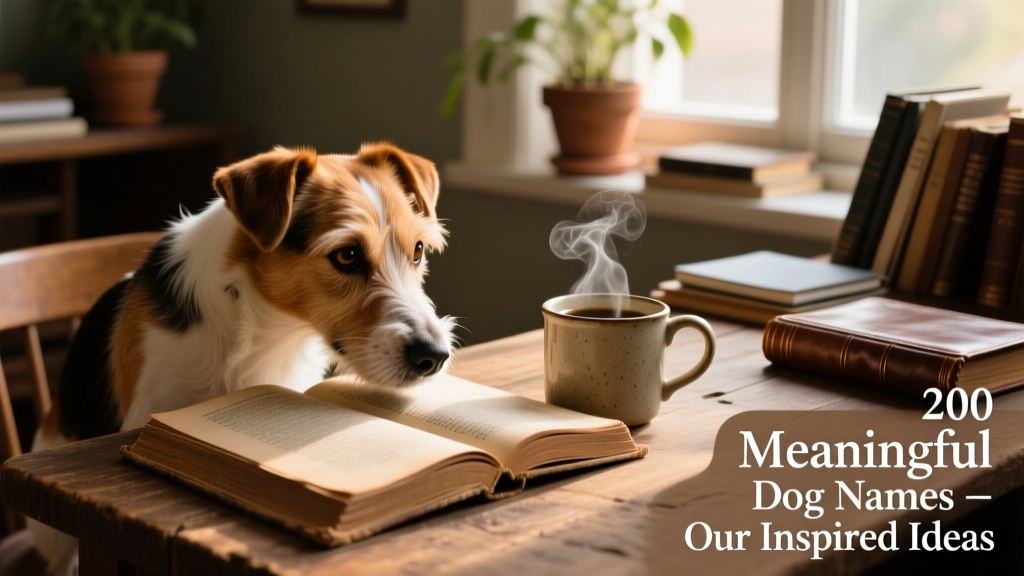 A curious terrier mix sniffing a vintage open book beside a steaming mug of coffee