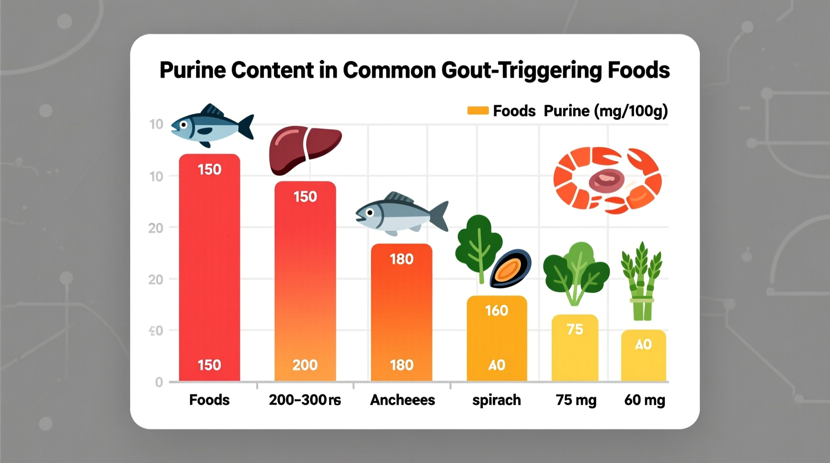 Colorful chart showing purine content in common gout trigger foods