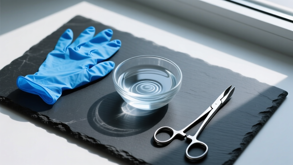 Flat lay of blue nitrile gloves, non-marring hemostats, and a saline bowl on dark slate, shot from a top-down perspective.