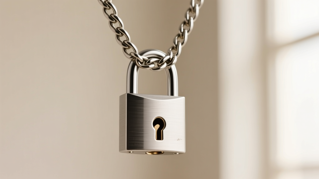 Close-up of a silver padlock pendant showing keyhole details and a secure lobster clasp attached to a thick Figaro chain necklace