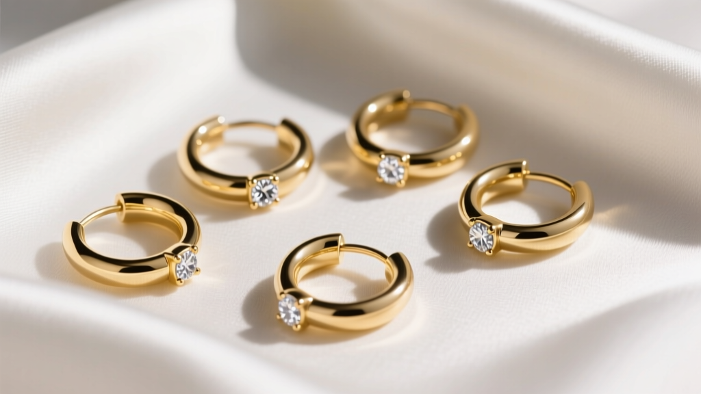 Flat lay of healed earlobes adorned with 16-gauge solid gold huggie hoops and diamond threadless ends on a white silk cloth.