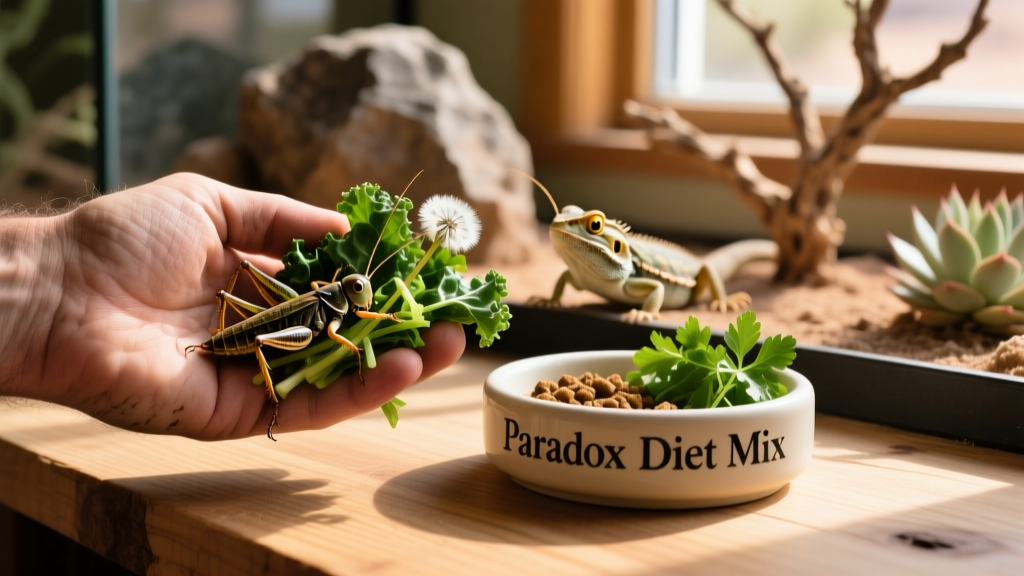 Hand holding a variety of gut-loaded crickets and chopped greens next to a small feeding dish labeled 'Paradox Diet Mix'