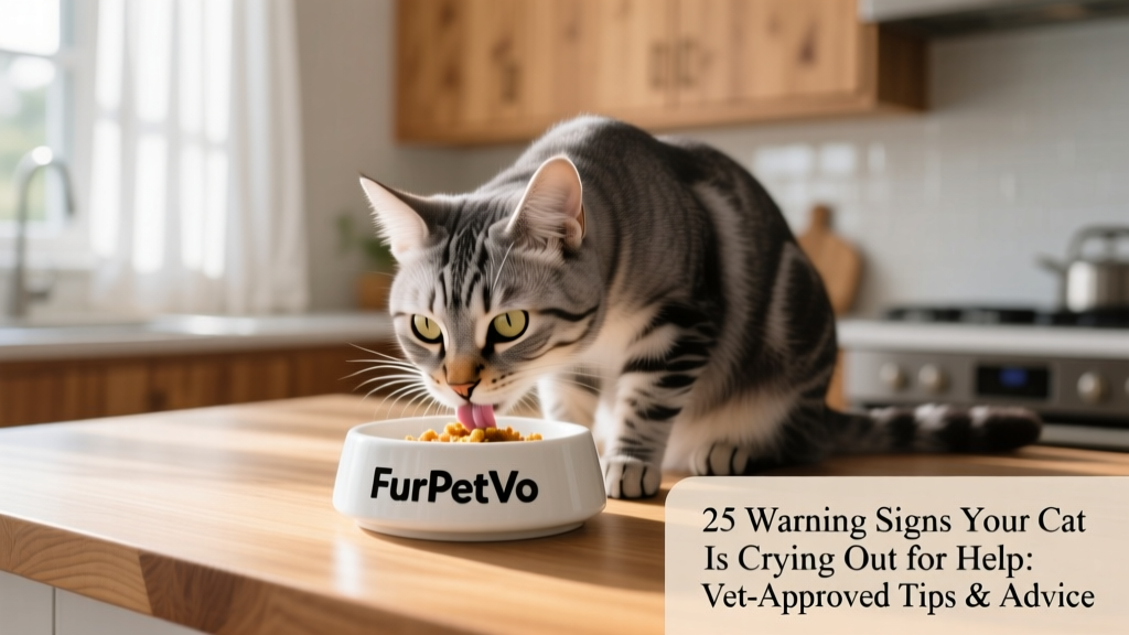 A close-up of a cat eating from a clean, modern ceramic bowl labeled 'FurPetVo' on a kitchen counter, showing healthy posture and alert expression