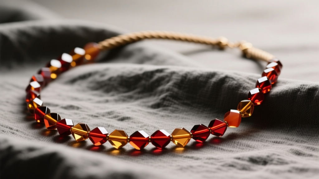 A 36-inch rope-length necklace of graduated faceted carnelian beads draped over charcoal linen with soft directional lighting.