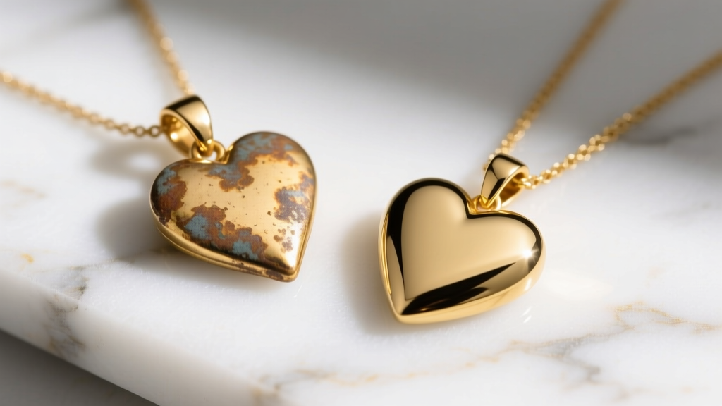 Comparison of a tarnished gold vermeil love pendant and a polished solid 18k gold love pendant on a white marble surface