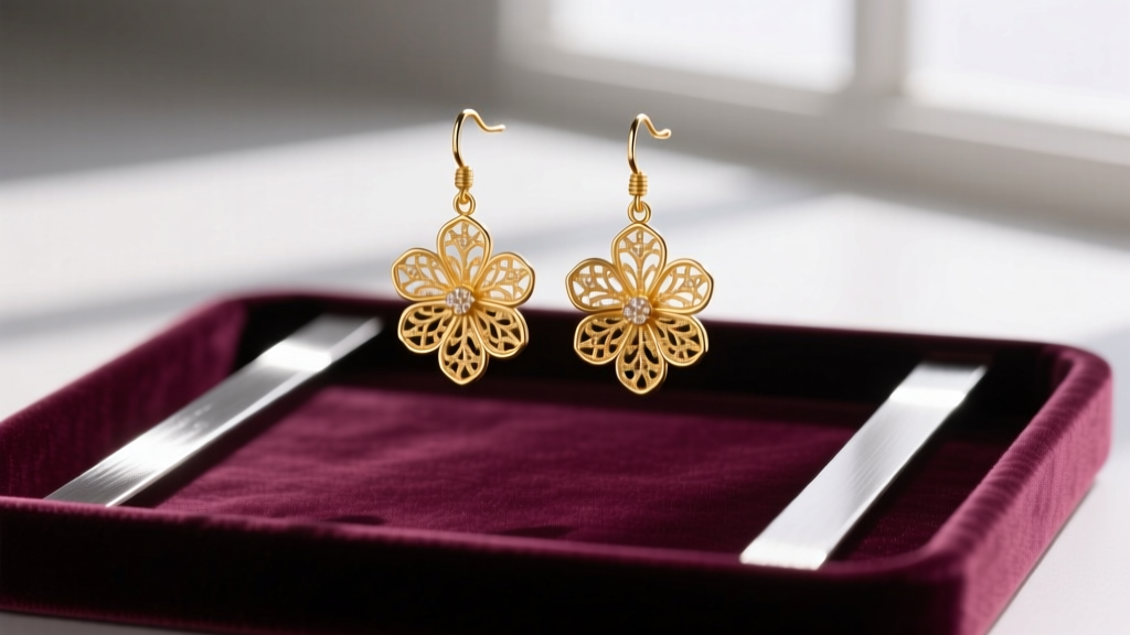 Delicate 20-gauge gold floral drop earrings with silicone friction backs displayed on a velvet tray next to anti-tarnish strips.