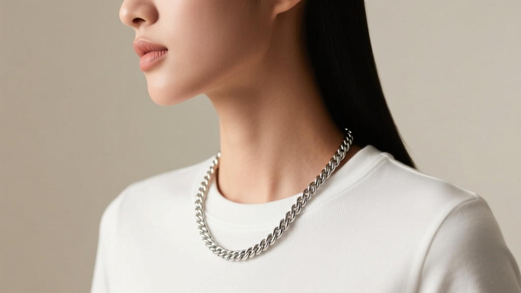 Side profile showing a 22 inch silver rope chain falling exactly two inches below the neckline of a white crew neck t-shirt