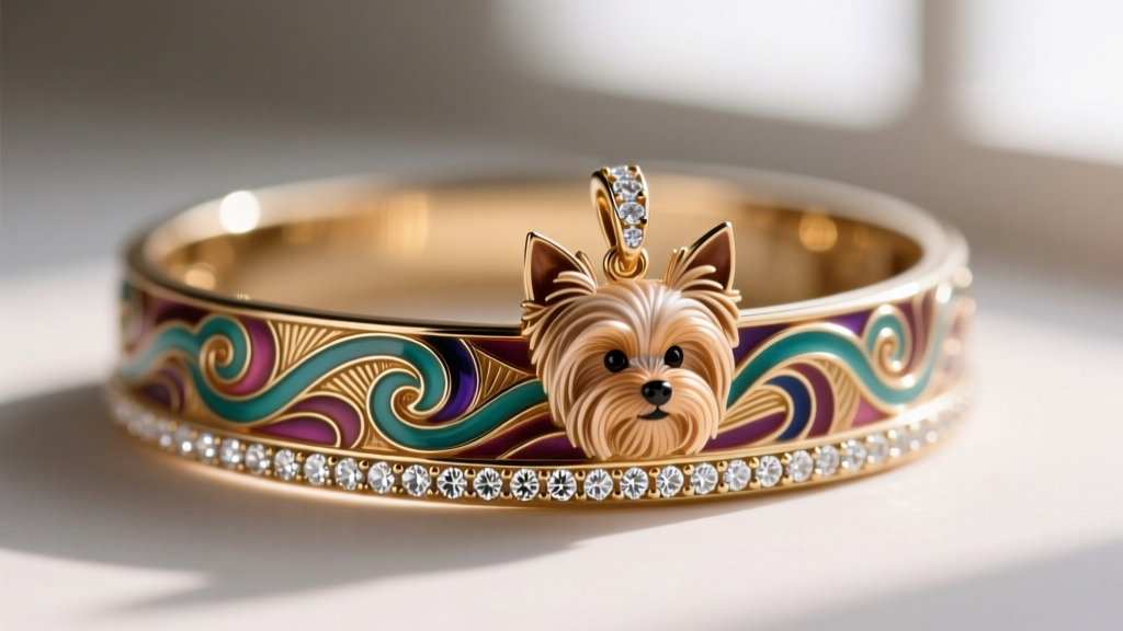 Macro view of a Yorkie pendant featuring vibrant guilloche enamel on the collar, set with tiny 1mm round brilliant cut diamonds.