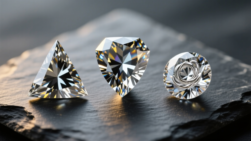 Macro photography of three unique diamond shapes including a kite, a shield, and a salt-and-pepper rose cut on dark slate.