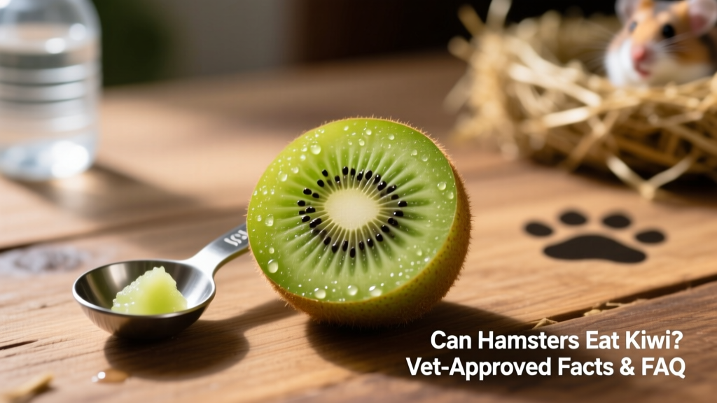 Close-up of a fresh, peeled kiwi slice next to a measuring spoon showing appropriate portion size for a hamster