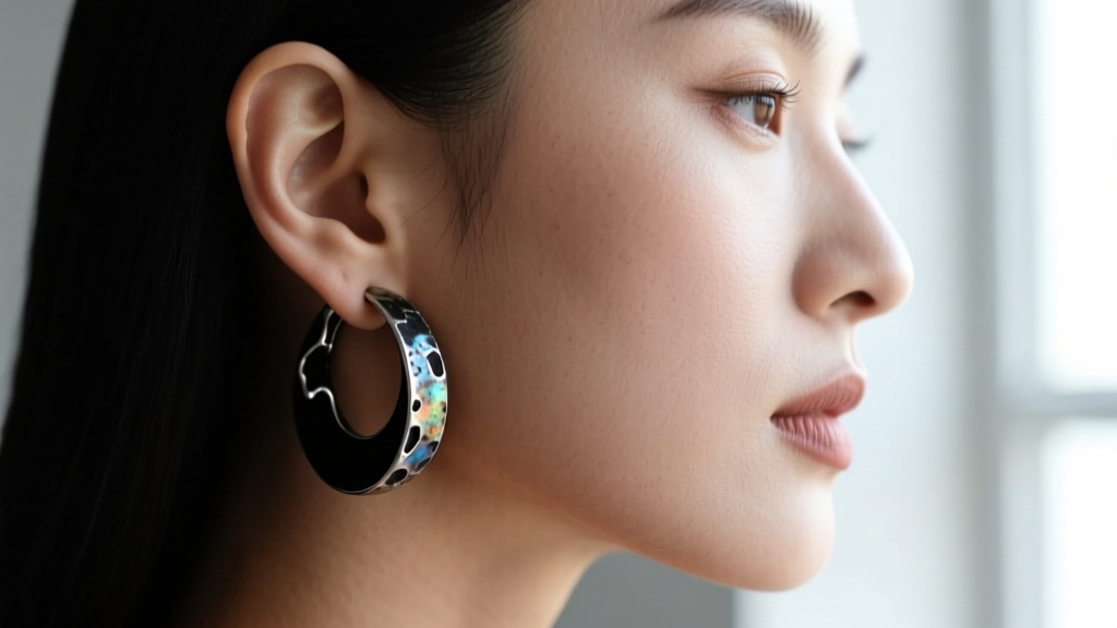 Profile of a woman wearing an 18-gauge oxidized silver black hoop earring, focusing on the earlobe and dark metal patina texture