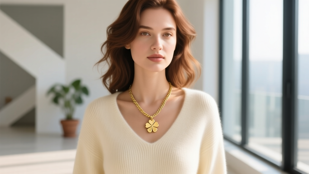 Woman layering a gold clover pendant necklace with a delicate snake chain over a cream cashmere sweater in soft natural daylight