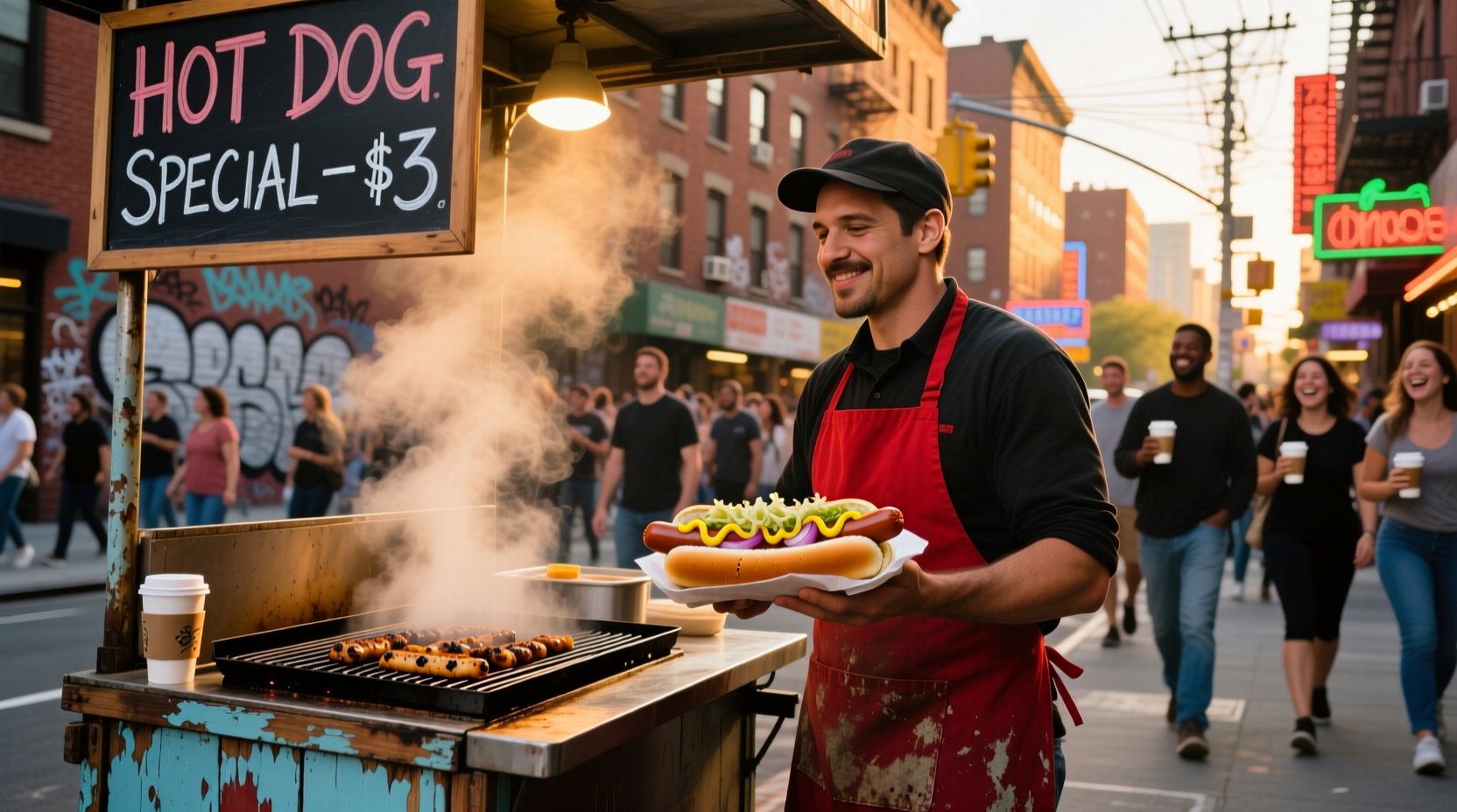 New York street food vendor serving hot dogs