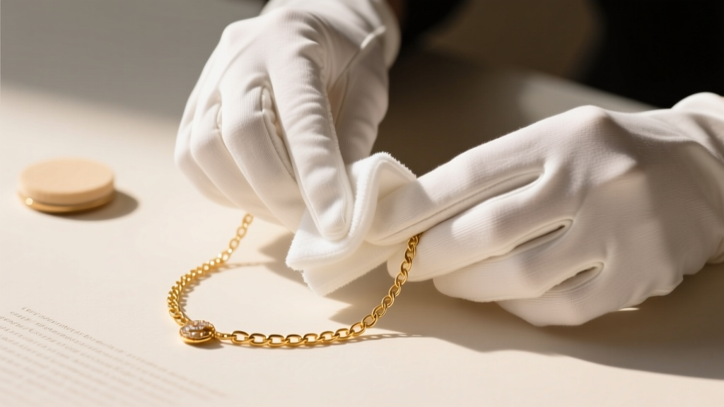 Hands wearing white cotton gloves gently wiping a delicate gold chain with a microfiber cloth, with a polishing pad nearby.