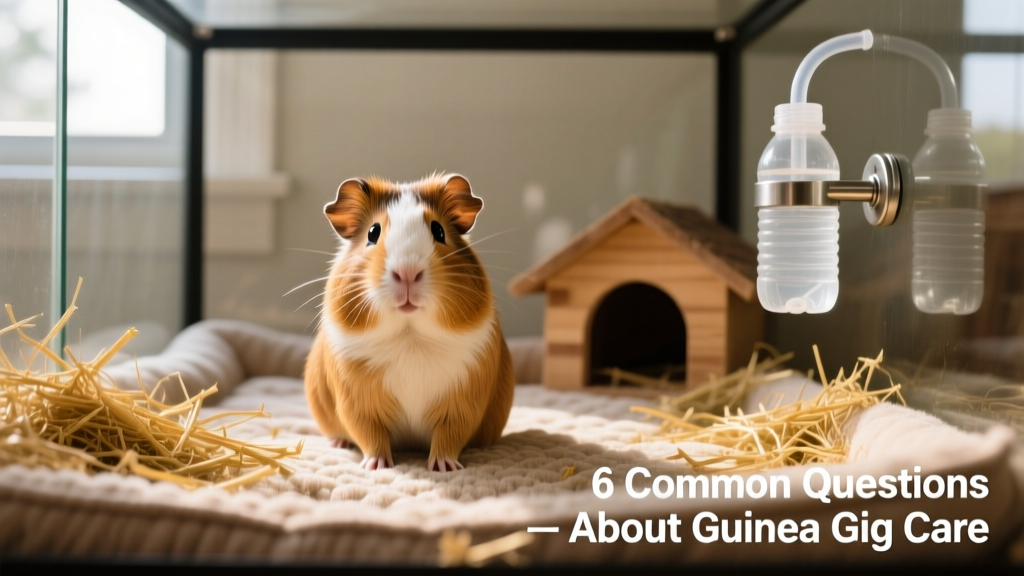 A healthy, curious guinea pig sitting on soft bedding in a spacious, clean enclosure with fresh hay and a water bottle