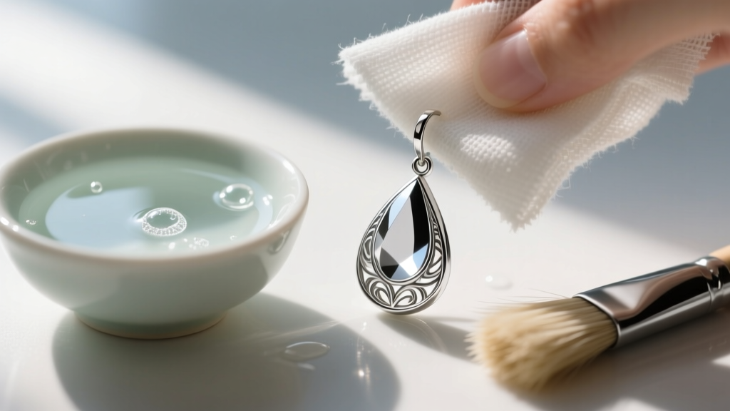 Microfiber cloth gently wiping a silver anime teardrop earring beside a small bowl of mild soapy water and a soft-bristled brush.