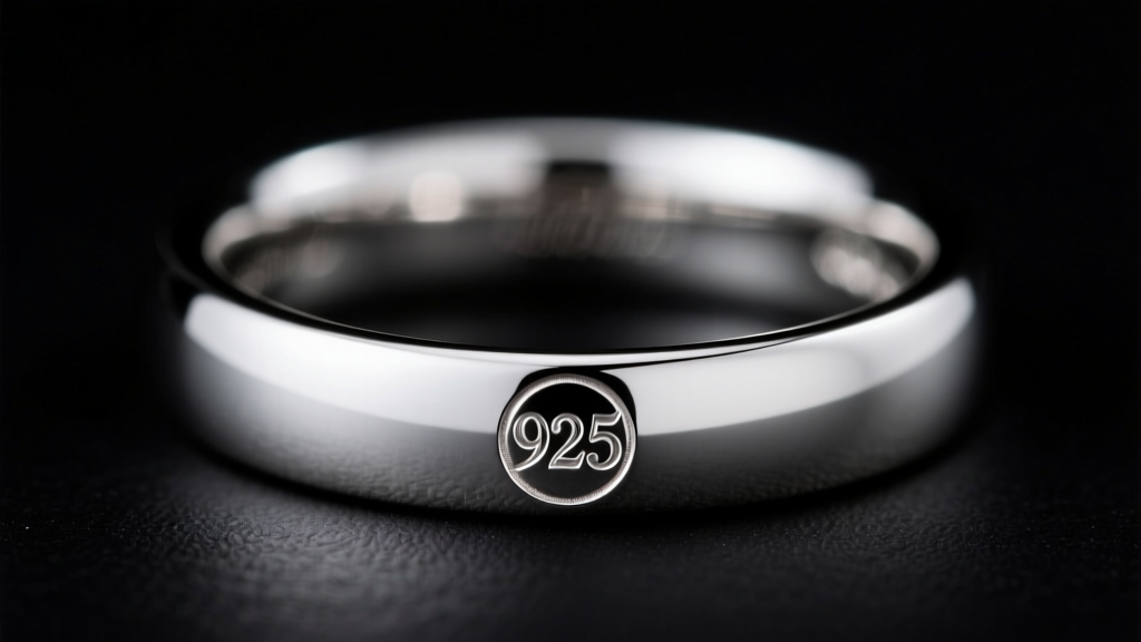 Macro photo of a crisp 925 hallmark stamped inside a polished sterling silver ring band, lit by a focused jeweler