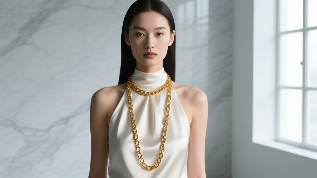Model in a white silk halter top wearing a 30-inch gold lariat necklace draping over the high-neck fabric in soft light.