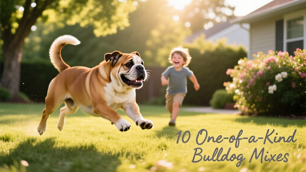 A joyful Bulldog mix playing in a sunlit backyard with a child