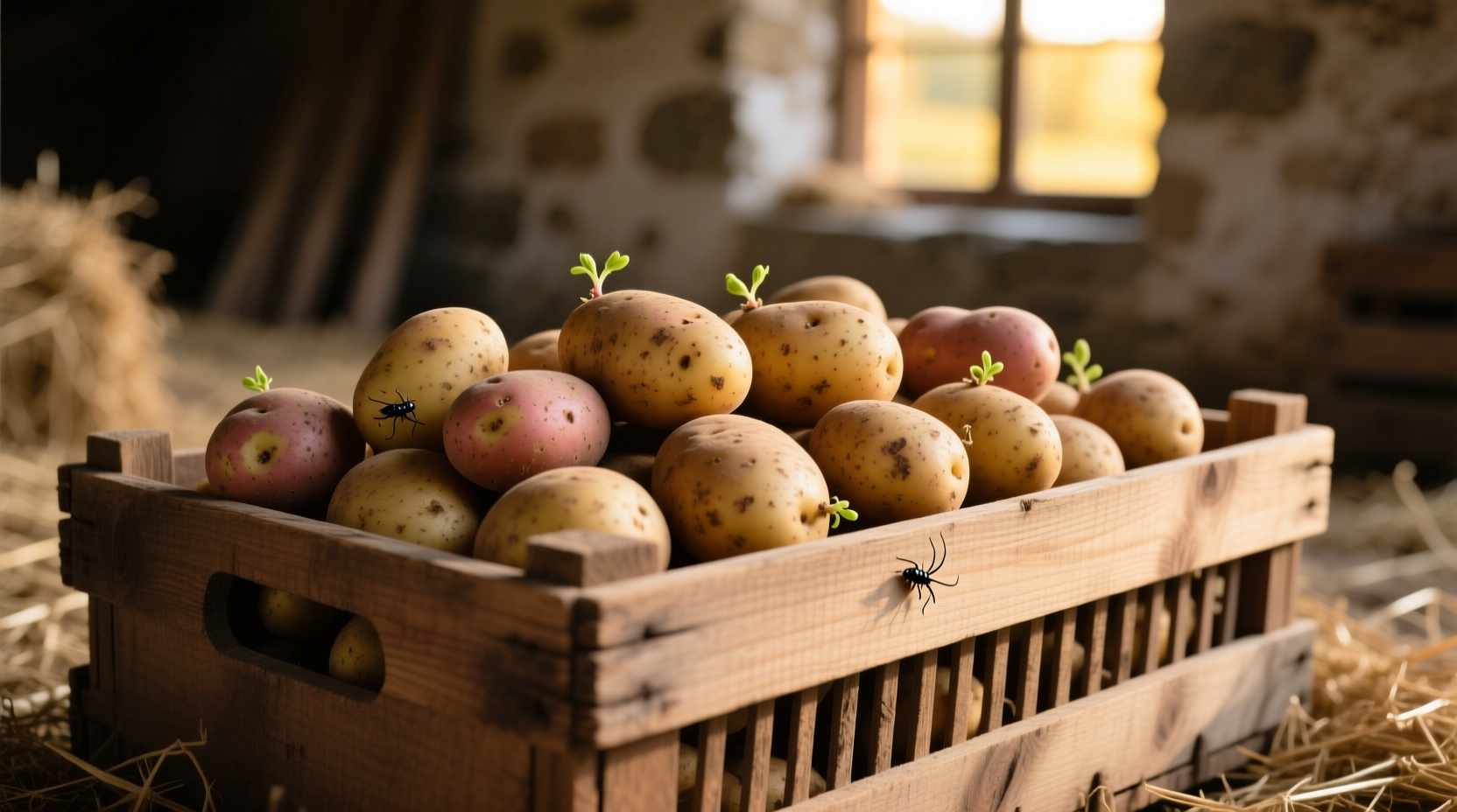 Properly stored potatoes in ventilated wooden crate