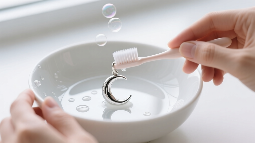 Hands gently brushing a sterling silver moon pendant with a baby-soft toothbrush and mild soapy water over a white ceramic bowl.