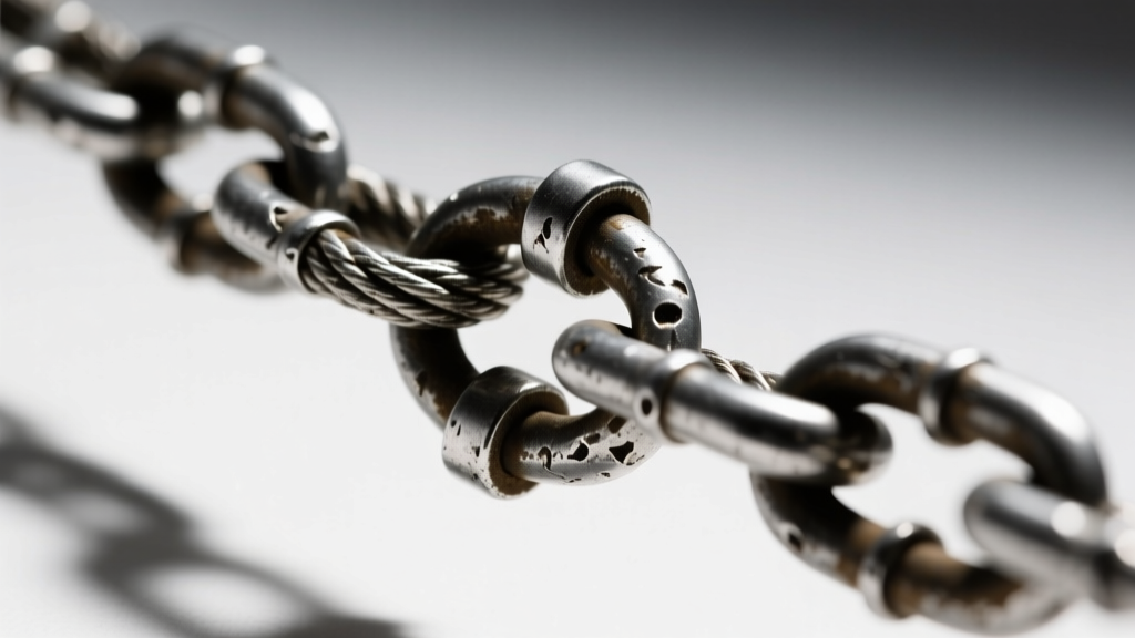 Close-up of a 4mm steel rope chain through an oxidized silver cross bail, focusing on heavy metal texture and interlocking links.