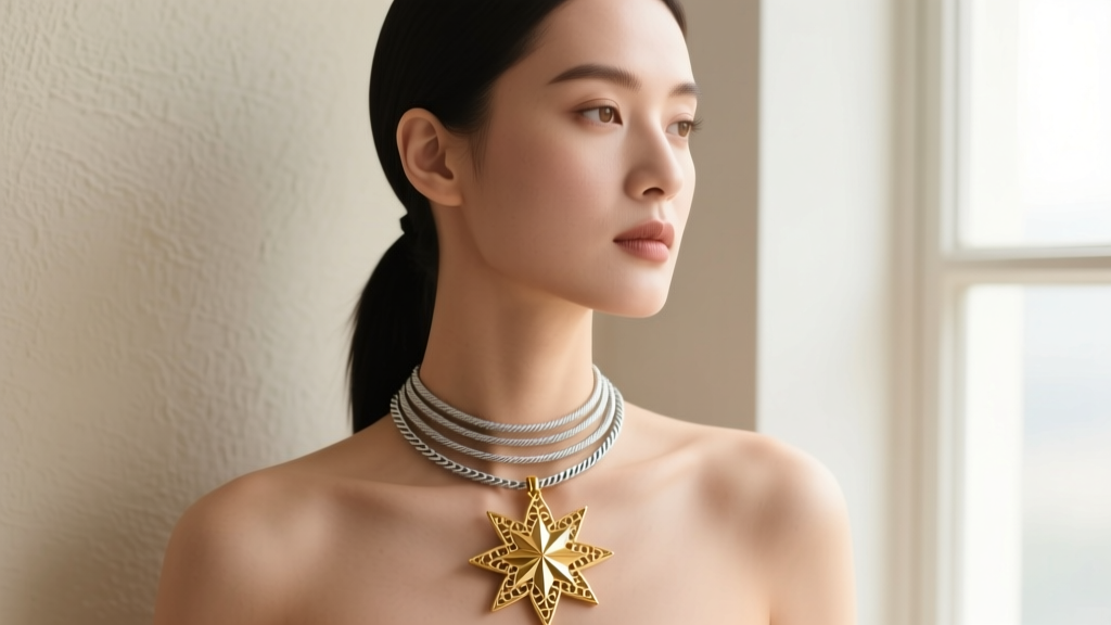 Woman wearing a layered necklace stack featuring a 16-inch gold starburst pendant and an 18-inch silver cable chain, soft lighting