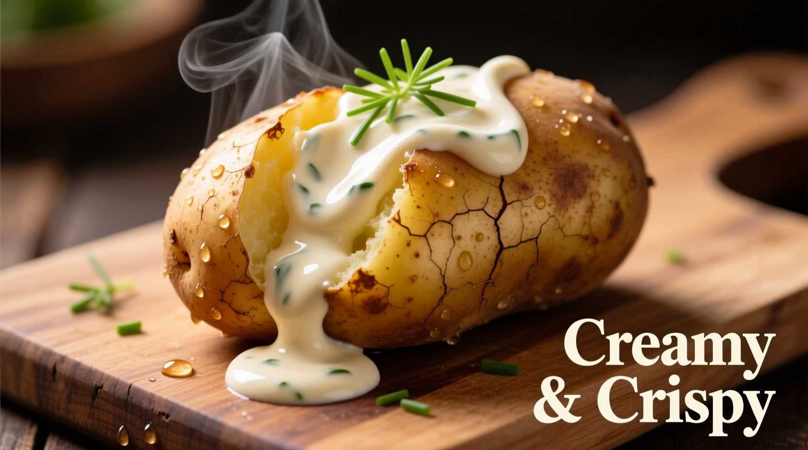 Perfectly baked russet potato with creamy ranch drizzle
