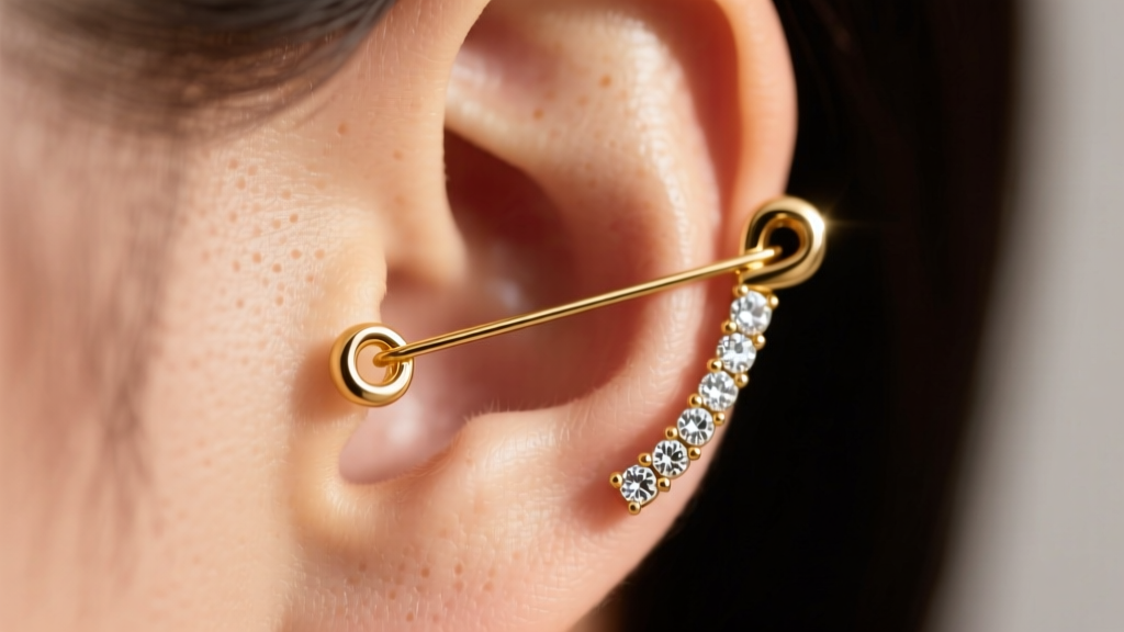 Macro close-up of an earlobe wearing a gold safety pin earring with clear pave rhinestones under soft, warm studio lighting