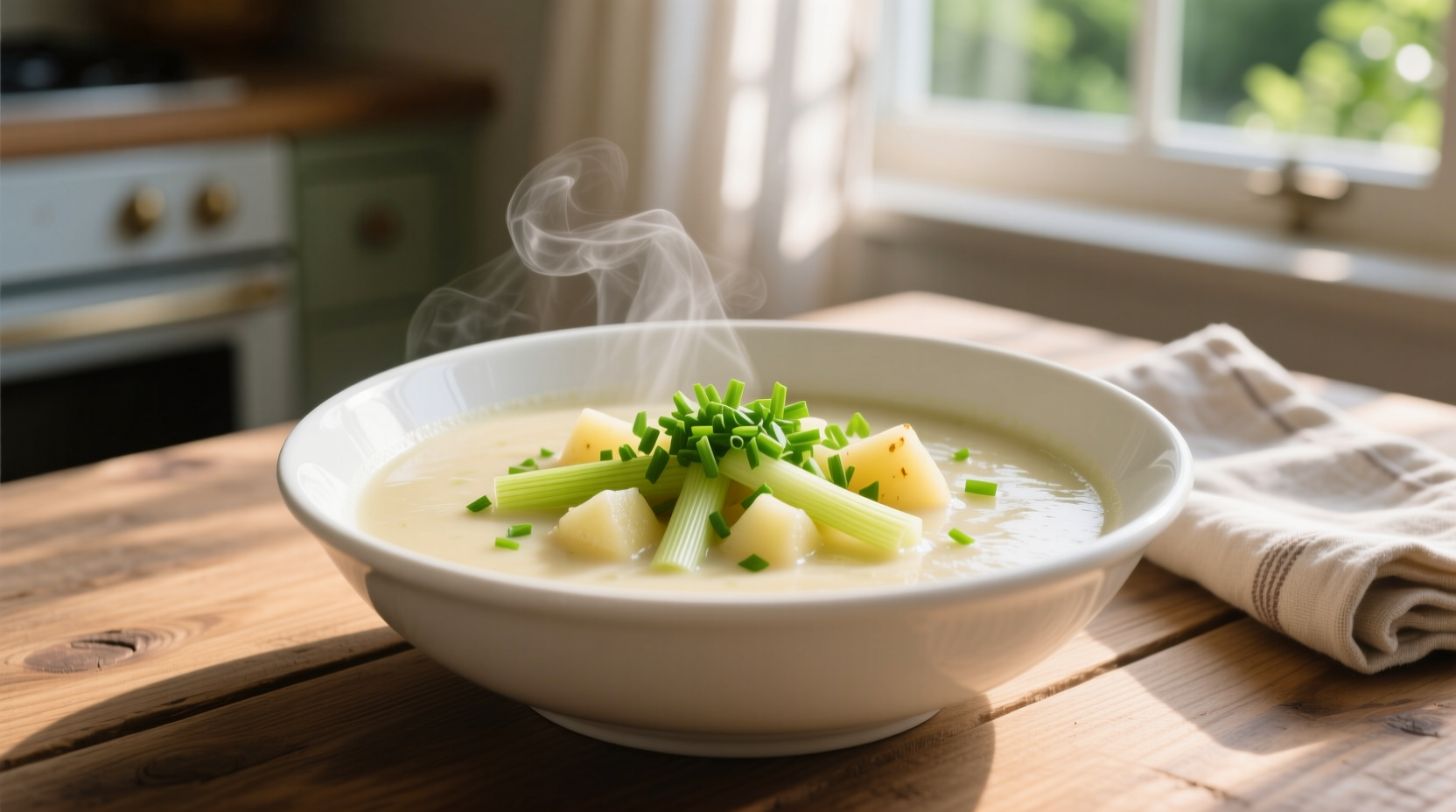 Creamy potato leek soup in white bowl with fresh chives
