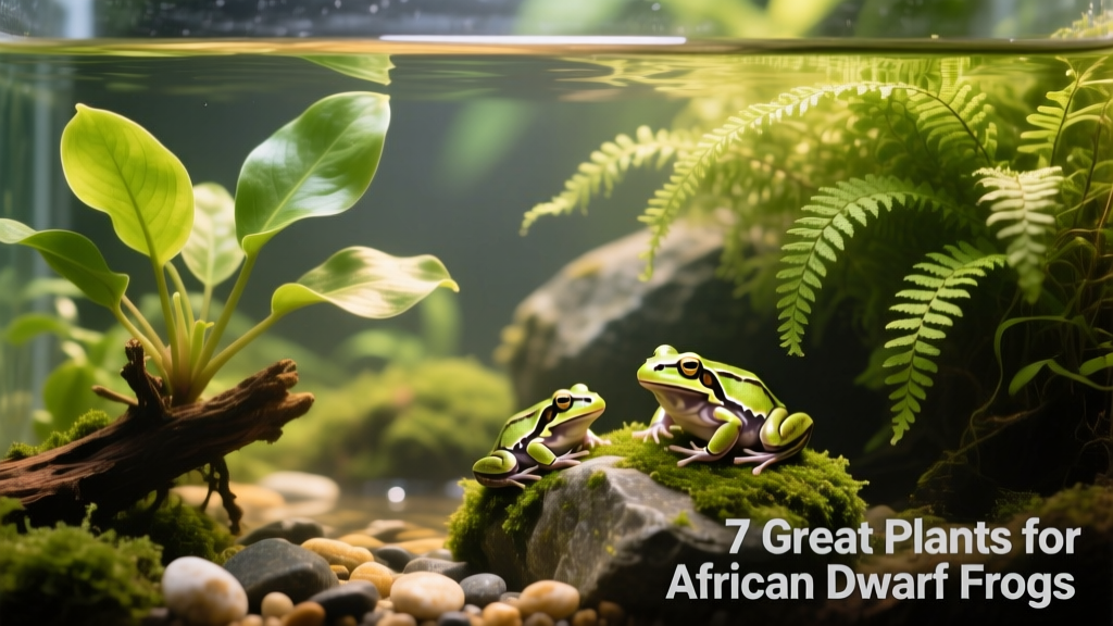 Side-by-side comparison of Anubias, Java Fern, and Hornwort growing together in an African dwarf frog aquarium