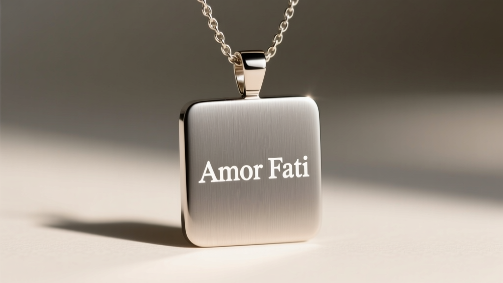 Close-up of a matte titanium pendant necklace with the quote Amor Fati engraved in a crisp, white minimalist sans-serif font.