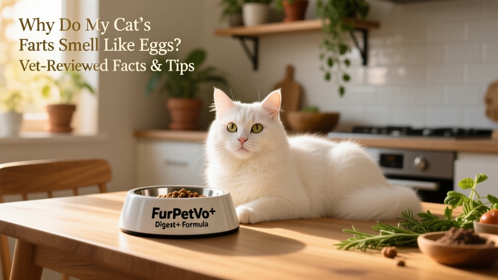 Happy cat lounging beside a clean, modern food bowl labeled 'FurPetVo Digest+ Formula'