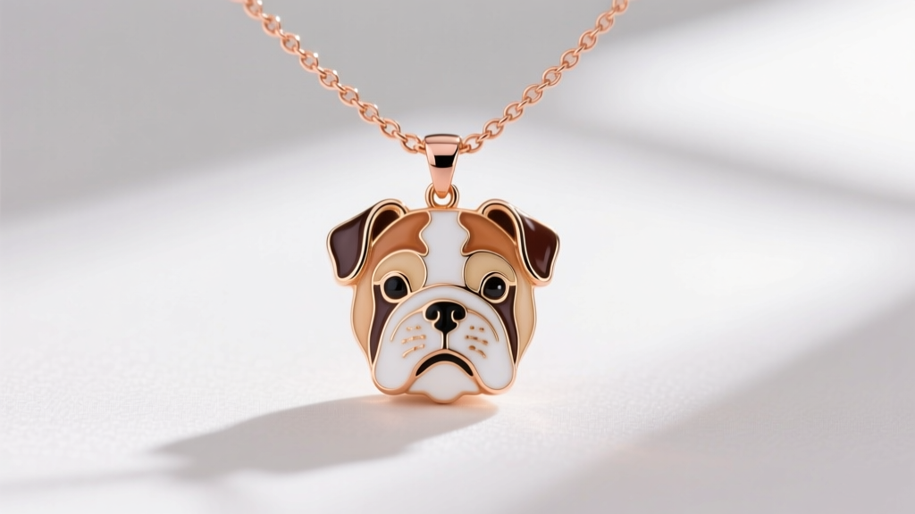 Fawn and white english bulldog necklace pendant featuring champlevé enamel details on a polished rose gold chain setting