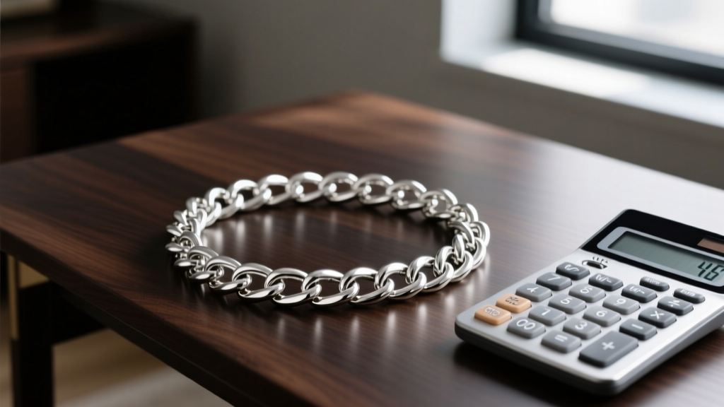Digital jewelry scale showing 45 grams of tangled sterling silver chain links next to a financial calculator on a dark oak desk