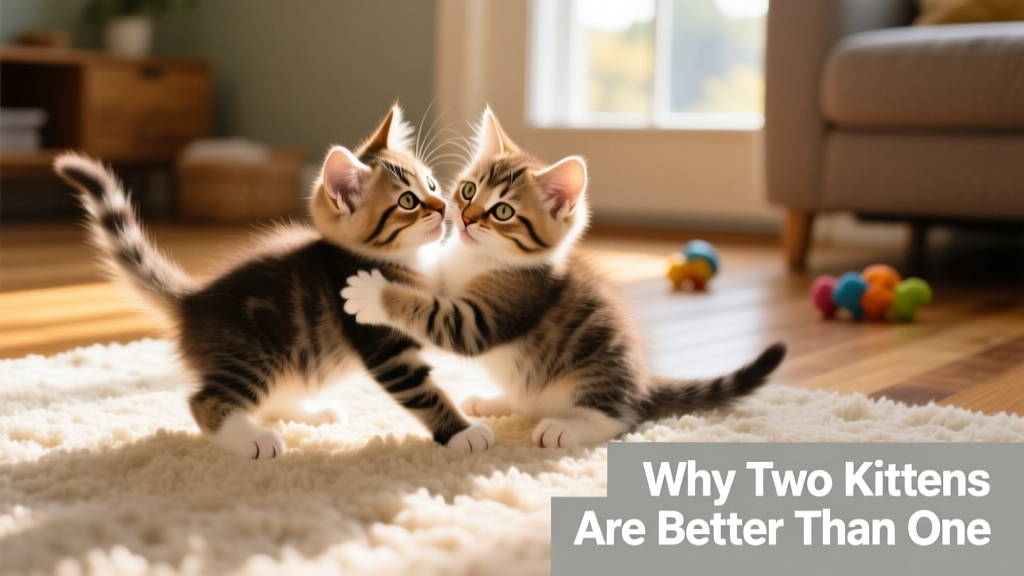 Two playful kittens wrestling gently on a soft rug
