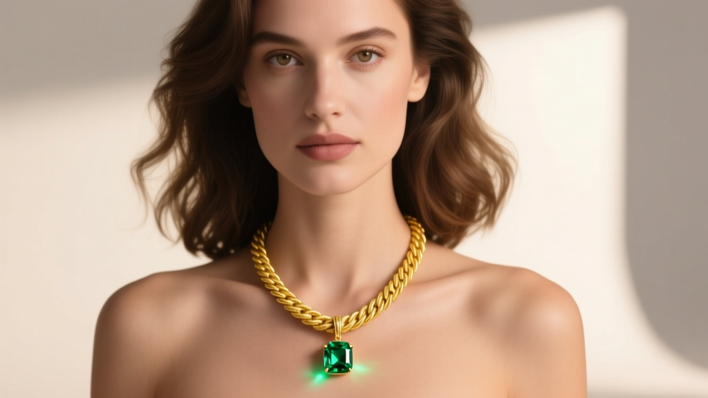 Woman wearing an 18-inch 14k solid yellow gold rope chain featuring a small emerald birthstone pendant illuminated by soft light