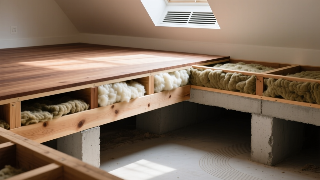 Cross-section of a timber floor showing mineral wool insulation batts fitted tightly between wooden joists above a ventilated crawlspace