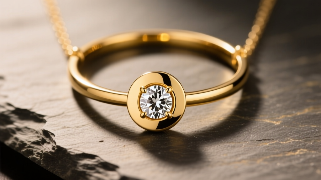 14k yellow gold diamond disc necklace on slate, featuring a bezel-set round brilliant center stone under soft studio lighting.