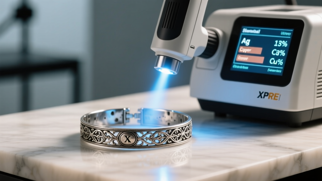 XRF analyzer gun scanning a vintage silver bracelet missing its hallmark, showing elemental metal percentages on a glowing screen