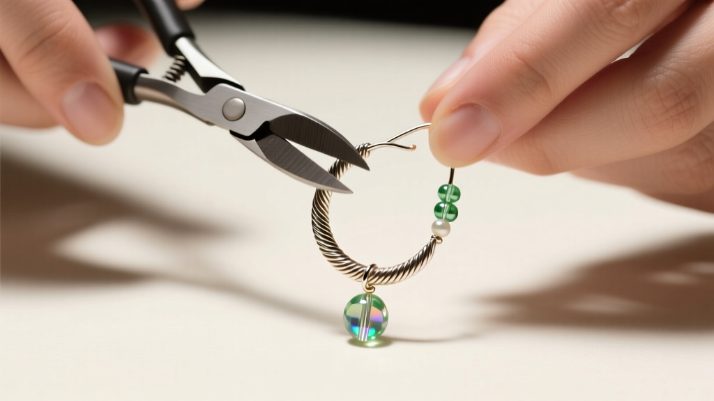 Close-up of hands using flush cutters to bend 24-gauge niobium wire into a wrapped loop for a delicate seed bead drop earring