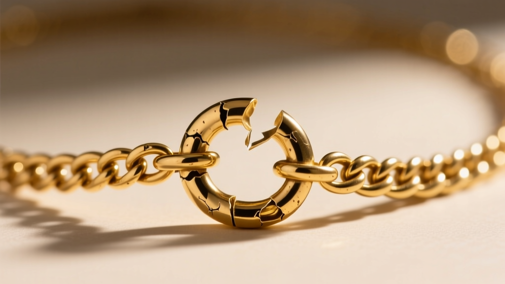 Close-up of a damaged gold plated necklace with a broken spring ring clasp, showing peeling gold revealing the brass base metal.