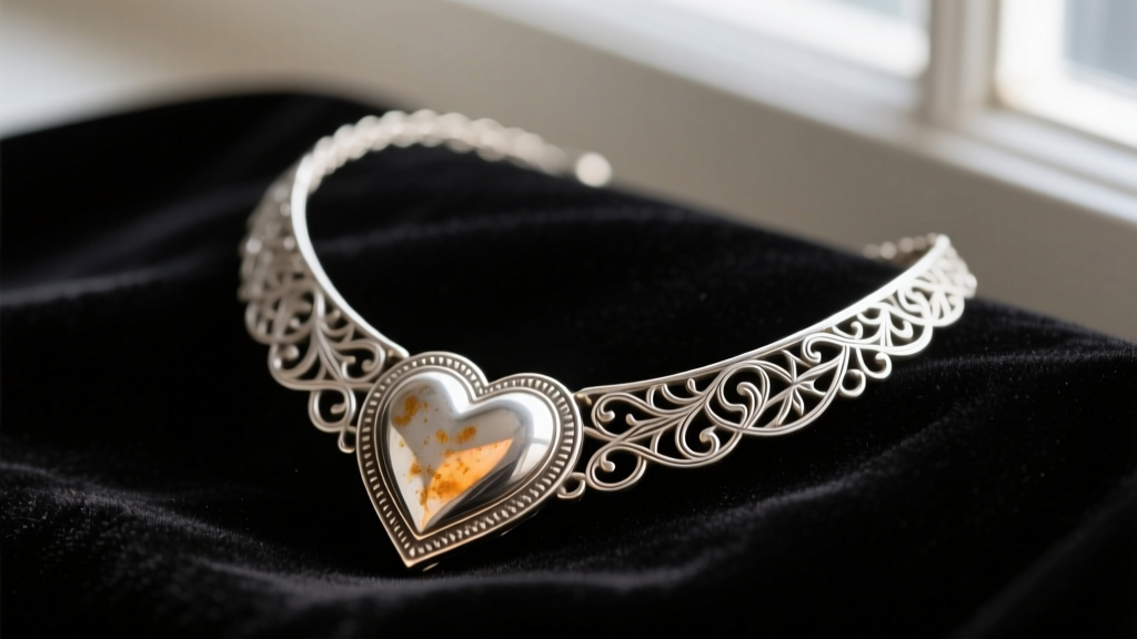 Close-up of a vintage Brighton silver-plated heart necklace resting on dark velvet, showing intricate filigree and slight patina.