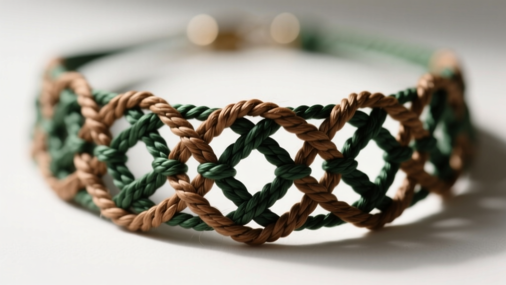 Macro shot of a complex diamond macrame hemp necklace pattern featuring tightly woven natural brown and forest green hemp fibers