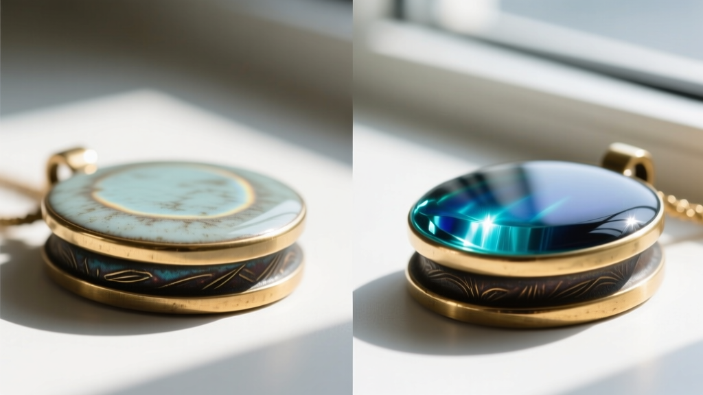 Macro comparison of UV-faded cold enamel resin beside vibrant vitreous enamel on a thick brass pendant base under natural daylight.