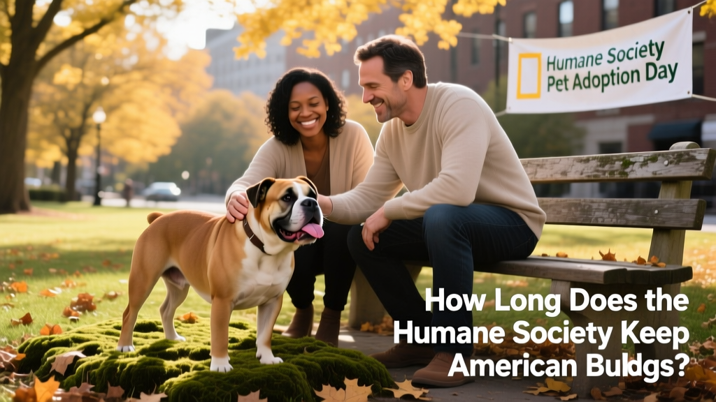 Two people smiling as they gently pet an American Bulldog during a meet-and-greet at a quiet park