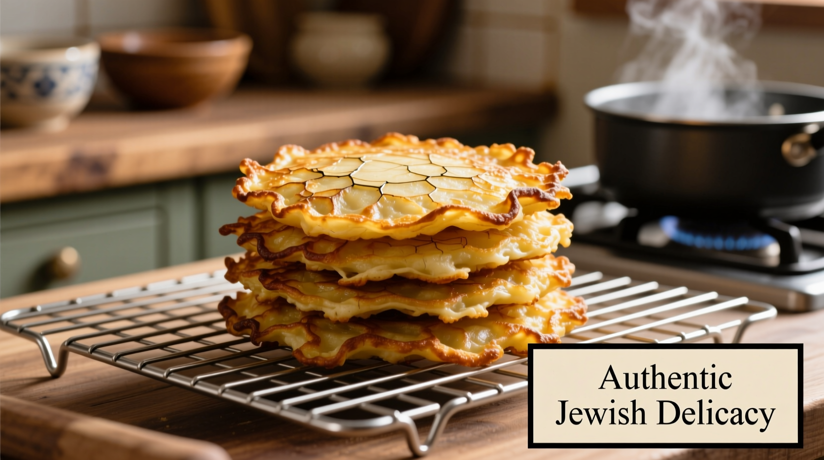 Golden crispy potato latkes on wire rack