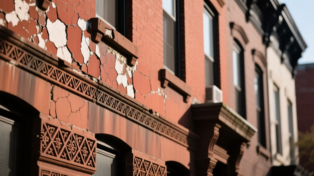Close-up of weathered reddish-brown brownstone building material facade showing minor spalling and detailed historic masonry carving on a rowhouse