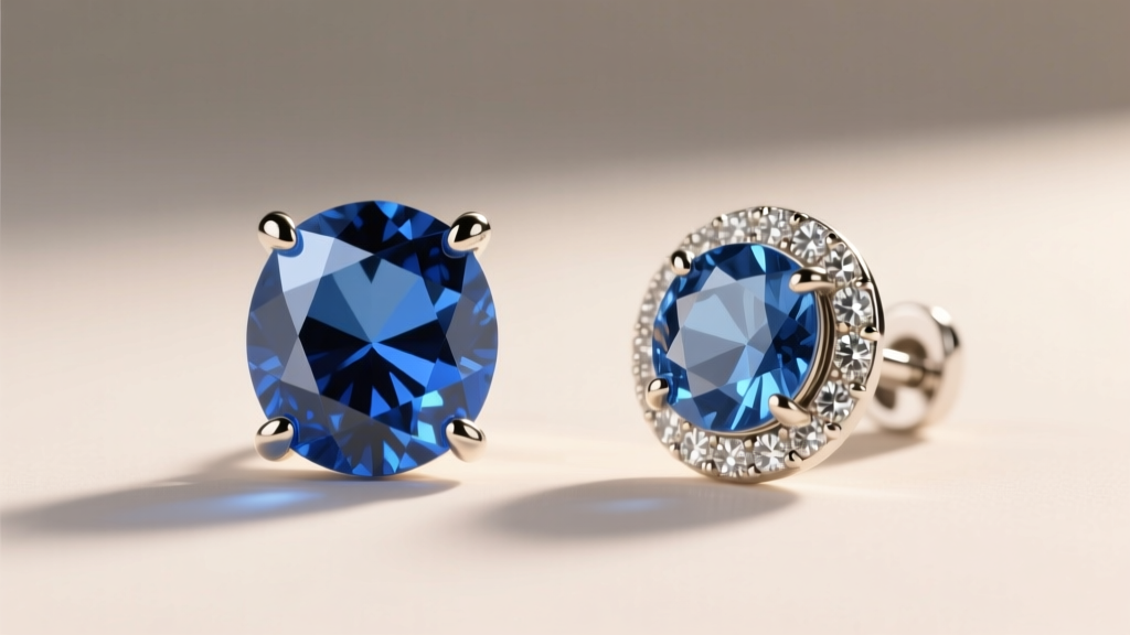 Diagram of four-prong and bezel settings on a pear-cut London blue topaz earring, showing cleavage plane protection.