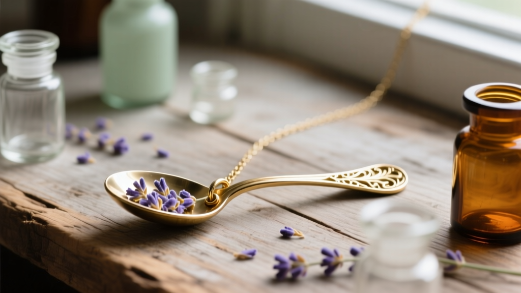 Brass stash necklace with spoon pendant filled with dried lavender, resting on rustic wood beside small glass apothecary jars.